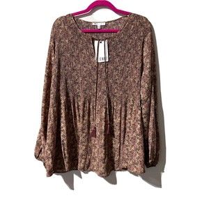 DR2 by Daniel Rainn Blouse Size 2X Pleated Tassels Ditsy Floral Mauve Top NWT